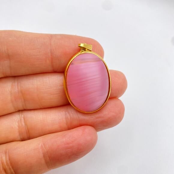 Vintage Signed NAPIER Pink Art Glass Oval Pendant 10K Gold Plated - Picture 2 of 4